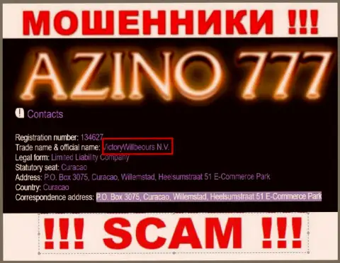 Юридическое лицо интернет-махинаторов Азино777 Ком - это VictoryWillbeours N.V., данные с веб-сервиса лохотронщиков