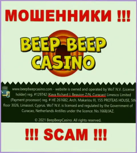 Beep Beep Casino - это преступно действующая компания, которая пустила корни в офшорной зоне по адресу: Кайя Ричард Дж. Божон З / Н, Кюрасао