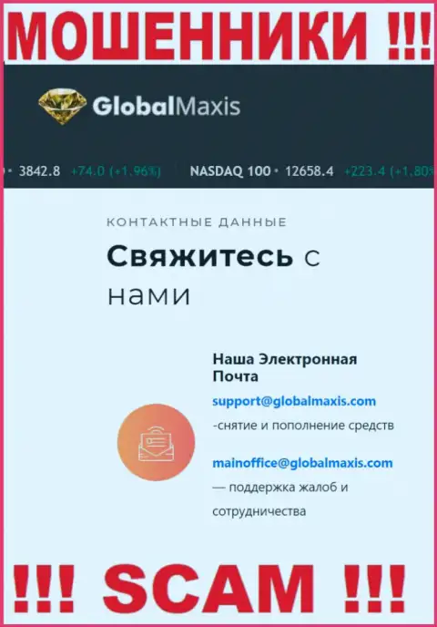 Е-майл internet-аферистов ГлобалМаксис, который они разместили у себя на официальном сайте