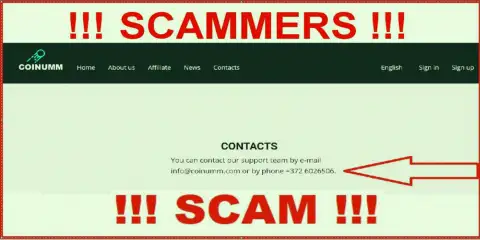 Coinumm phone number is listed on the scammers website