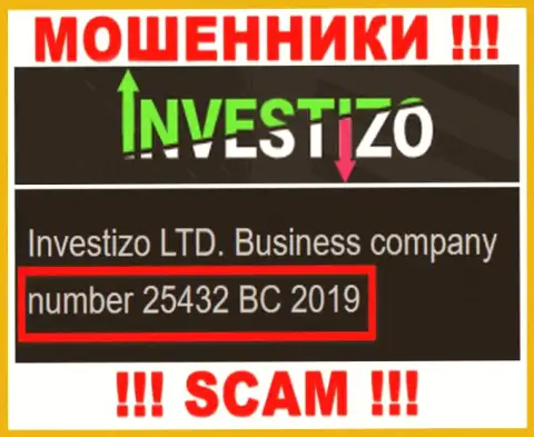 Investizo LTD интернет-мошенников Investizo зарегистрировано под этим номером: 25432 BC 2019