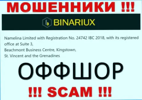 Мошенники Binariux Net засели в оффшорной зоне: Сьют 3, Бичмонт Бизнес Центр, Кингстаун, Сент-Винсент и Гренадины, поэтому они безнаказанно имеют возможность обворовывать
