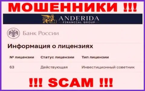 АндеридаГруп Ком заявляют, что имеют лицензию от Центробанка Российской Федерации (информация с web-портала мошенников)