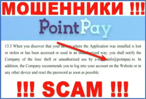 Организация ПоинтПэй Ио не скрывает свой адрес электронного ящика и предоставляет его на своем информационном портале