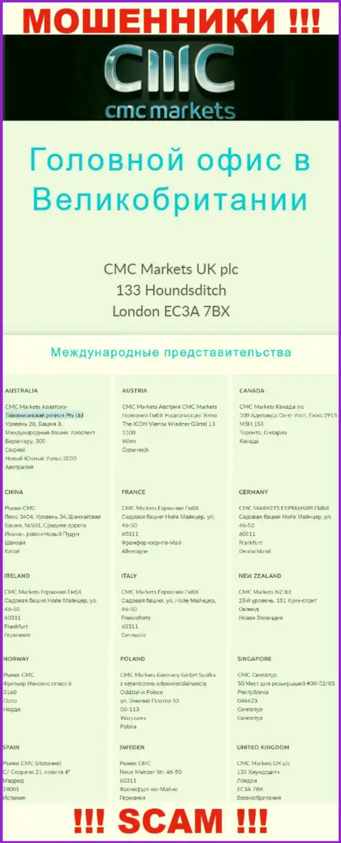 На сайте организации CMCMarkets указан ненастоящий официальный адрес - МОШЕННИКИ !!!