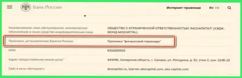 AKS-Capital Com - это мошенники, внесенные ЦБ Российской Федерации в черный список, как контора с явными признакам финансовой пирамиды